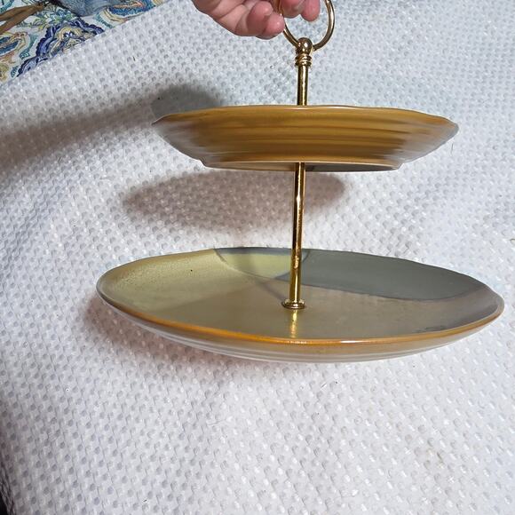 SANGO GOLD DUST GREEN 2 TIER SERVING TRAY CERAMIC SERVER - Picture 3 of 5